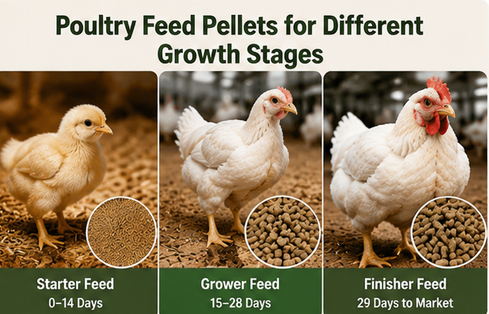 Pellet feed types classified by poultry growth stage