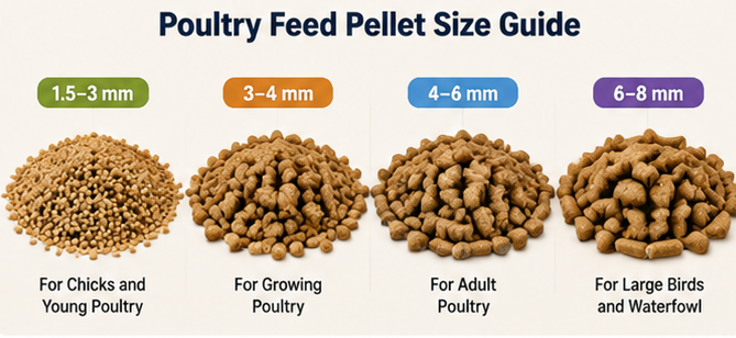 Types of poultry pellet feed classified by pellet size